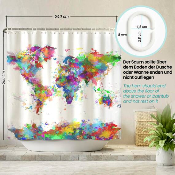arteneur® - Weltkarte - Anti-Schimmel Duschvorhang - Recycelt 240x200 mit Öko-Tex Standard 100 - Beschwerter Saum, Blickdicht, Wasserdicht, Waschbar, 16 Ringe & E-Book mit Reinigungs-Tipps