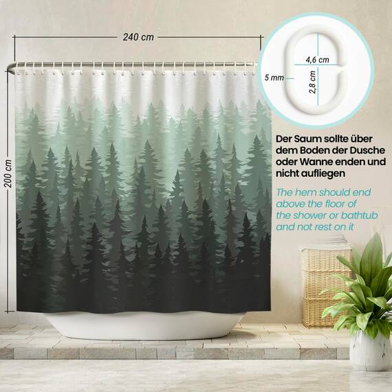 arteneur® - Tannenwald - Anti-Schimmel Duschvorhang 240x200 - Recycelt mit Öko-Tex Standard 100 - Beschwerter Saum, Blickdicht, Wasserdicht, Waschbar, 16 Ringe & E-Book mit Reinigungs-Tipps
