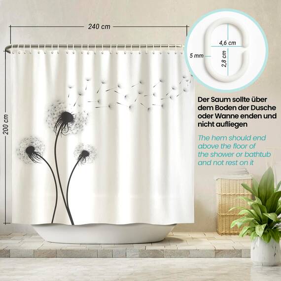 arteneur® - Pusteblume Schwarz und Weiß - Anti-Schimmel Duschvorhang 240x200 - Recycelt mit Öko-Tex Standard 100 - Beschwerter Saum, Blickdicht, Wasserdicht, Waschbar, 16 Ringe