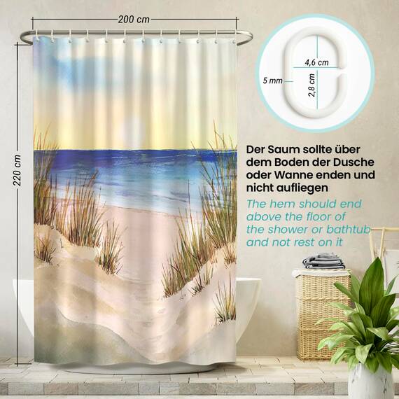 arteneur® - Meeresküste - Anti-Schimmel Duschvorhang 200x220 - Recycelt mit Öko-Tex Standard 100 - Beschwerter Saum, Blickdicht, Wasserdicht, Waschbar, 12 Ringe