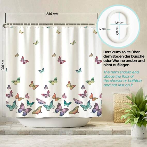 arteneur® - Schmetterlinge - Anti-Schimmel Duschvorhang 240x200 - Recycelt mit Öko-Tex Standard 100 - Beschwerter Saum, Blickdicht, Wasserdicht, Waschbar, 16 Ringe & E-Book