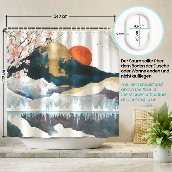 arteneur® - Japan - Anti-Schimmel Duschvorhang 240x200 - Recycelt mit Öko-Tex Standard 100 - Beschwerter Saum, Blickdicht, Wasserdicht, Waschbar, 16 Ringe & E-Book mit Reinigungs-Tipps