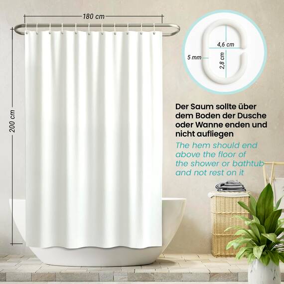 arteneur® - Duschvorhang Weiss - Anti-Schimmel Duschvorhänge 180x200 - Recycelt mit Öko-Tex Standard 100 - Beschwerter Saum, Blickdicht, Wasserdicht, Waschbar, 12 Ringe & E-Book