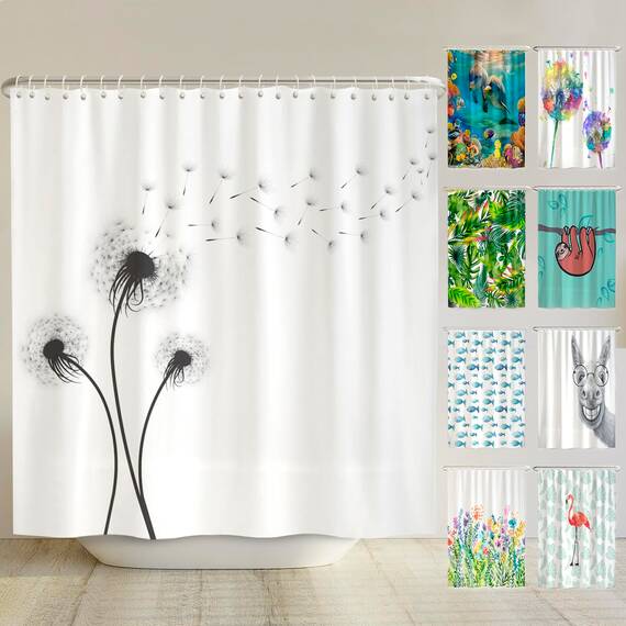 arteneur® - Pusteblume Schwarz und Weiß - Anti-Schimmel Duschvorhang 240x200 - Recycelt mit Öko-Tex Standard 100 - Beschwerter Saum, Blickdicht, Wasserdicht, Waschbar, 16 Ringe