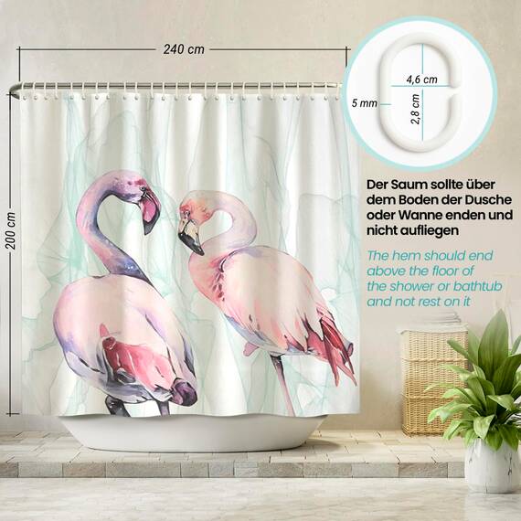 arteneur® - Loving Flamingos - Anti-Schimmel Duschvorhang 240x200 - Recycelt mit Öko-Tex Standard 100 - Beschwerter Saum, Blickdicht, Wasserdicht, Waschbar, 16 Ringe & E-Book mit Reinigungs-Tipps