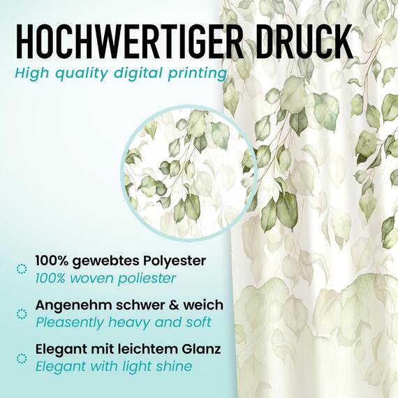 arteneur® - Hängende Blätter - Anti-Schimmel Duschvorhang 200x220 - Recycelt mit Öko-Tex Standard 100 - Beschwerter Saum, Blickdicht, Wasserdicht, Waschbar, 12 Ringe & E-Book