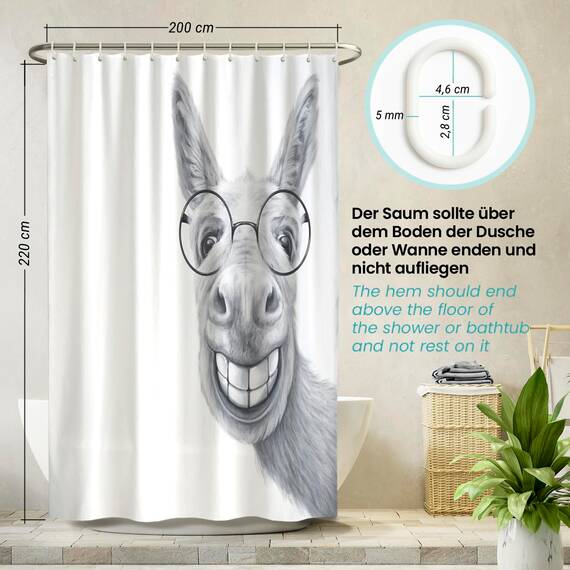 arteneur® - Esel - Anti-Schimmel Duschvorhang 200x220 - Recycelt mit Öko-Tex Standard 100 - Beschwerter Saum, Blickdicht, Wasserdicht, Waschbar, 12 Ringe & E-Book