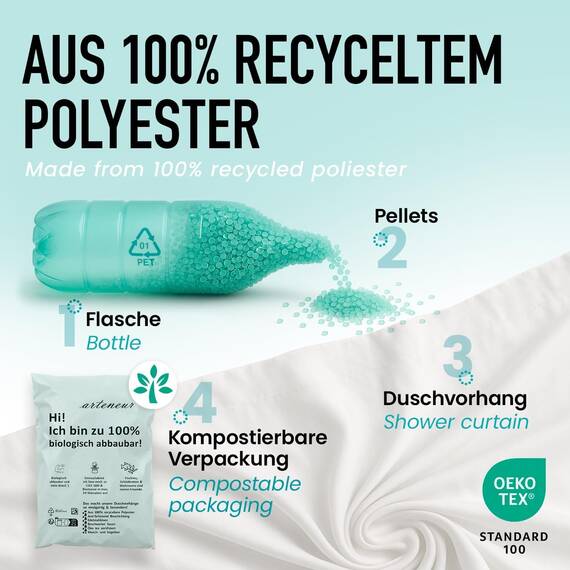 arteneur® - Hängende Blätter - Anti-Schimmel Duschvorhang 200x220 - Recycelt mit Öko-Tex Standard 100 - Beschwerter Saum, Blickdicht, Wasserdicht, Waschbar, 12 Ringe & E-Book