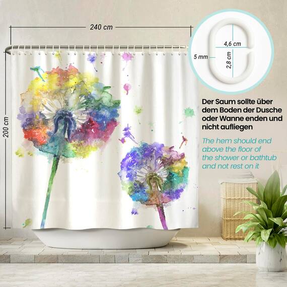 arteneur® - Bunte Pusteblume - Anti-Schimmel Duschvorhang 240x200 - Recycelt mit Öko-Tex Standard 100 - Beschwerter Saum, Blickdicht, Wasserdicht, Waschbar, 16 Ringe & E-Book mit Reinigungs-Tipps