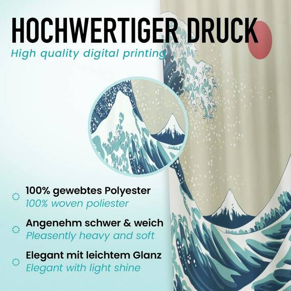 arteneur® - Japan Welle - Anti-Schimmel Duschvorhang 240x200 - Recycelt mit Öko-Tex Standard 100 - Beschwerter Saum, Blickdicht, Wasserdicht, Waschbar, 16 Ringe & E-Book