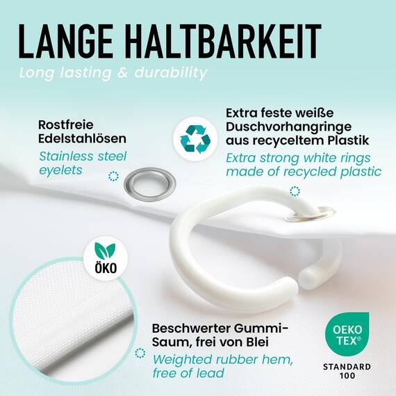 arteneur® - Hängende Blätter - Anti-Schimmel Duschvorhang 200x220 - Recycelt mit Öko-Tex Standard 100 - Beschwerter Saum, Blickdicht, Wasserdicht, Waschbar, 12 Ringe & E-Book
