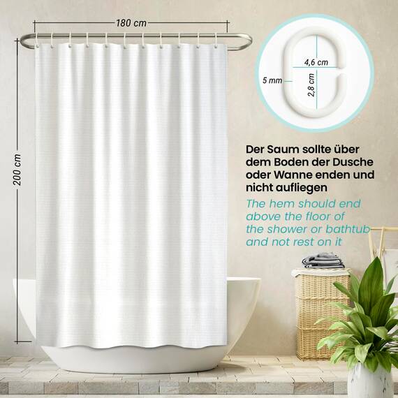 arteneur® - Premium Duschvorhang 180x200 – Antischimmel Duschvorhang Weiß mit Struktur-Stoff, Blickdicht, Wasserdicht, Waschbar & inkl. E-Book & Ringe (Schnee Weiß)