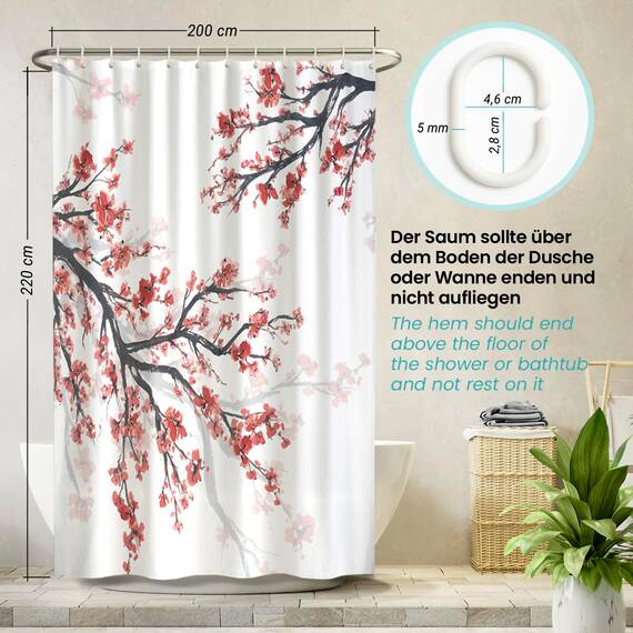 arteneur® - Kirschblüte - Anti-Schimmel Duschvorhang 200x220 - Recycelt mit Öko-Tex Standard 100 - Beschwerter Saum, Blickdicht, Wasserdicht, Waschbar, 12 Ringe