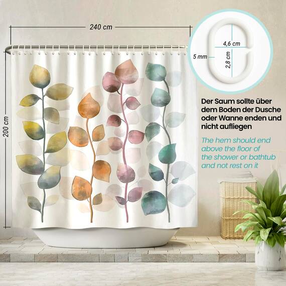 arteneur® - Bunte Blätter - Anti-Schimmel Duschvorhang 200x220 - Recycelt mit Öko-Tex Standard 100 - Beschwerter Saum, Blickdicht, Wasserdicht, Waschbar, 12 Ringe & E-Book