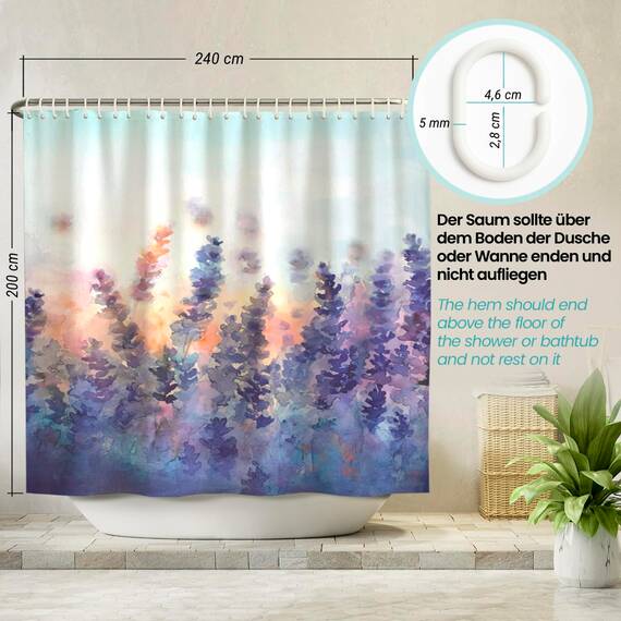 arteneur® - Lavendel - Anti-Schimmel Duschvorhang 240x200 - Recycelt mit Öko-Tex Standard 100 - Beschwerter Saum, Blickdicht, Wasserdicht, Waschbar, 16 Ringe & E-Book