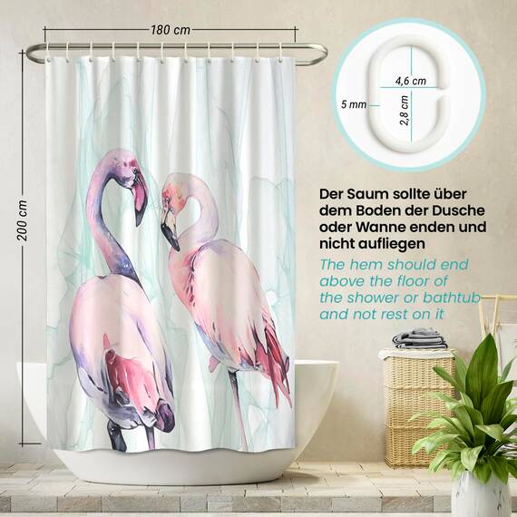 arteneur® - Loving Flamingos - Anti-Schimmel Duschvorhang 180x200 - Recycelt mit Öko-Tex Standard 100 - Beschwerter Saum, Blickdicht, Wasserdicht, Waschbar, 12 Ringe & E-Book mit Reinigungs-Tipps