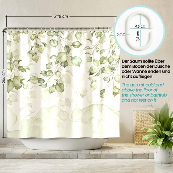 arteneur® - Hängende Blätter - Anti-Schimmel Duschvorhang 240x200 - Recycelt mit Öko-Tex Standard 100 - Beschwerter Saum, Blickdicht, Wasserdicht, Waschbar, 16 Ringe & E-Book