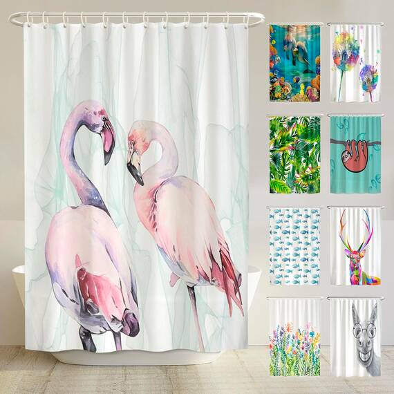 arteneur® - Loving Flamingos - Anti-Schimmel Duschvorhang 180x200 - Recycelt mit Öko-Tex Standard 100 - Beschwerter Saum, Blickdicht, Wasserdicht, Waschbar, 12 Ringe & E-Book mit Reinigungs-Tipps