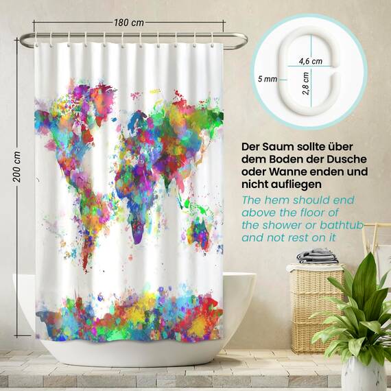 arteneur® - Weltkarte - Anti-Schimmel Duschvorhang 180x200 - Recycelt mit Öko-Tex Standard 100 - Beschwerter Saum, Blickdicht, Wasserdicht, Waschbar, 12 Ringe & E-Book mit Reinigungs-Tipps