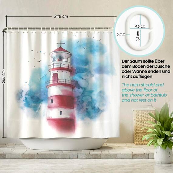arteneur® - Leuchtturm - Anti-Schimmel Duschvorhang 240x200 - Recycelt mit Öko-Tex Standard 100 - Beschwerter Saum, Blickdicht, Wasserdicht, Waschbar, 16 Ringe & E-Book