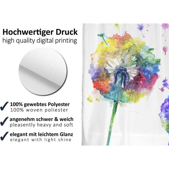 arteneur® - Bunte Pusteblume - Anti-Schimmel Duschvorhang 200 x 200 - Recycelt mit Öko-Tex Standard 100 - Beschwerter Saum, Blickdicht, Wasserdicht, Waschbar, 12 Ringe & E-Book