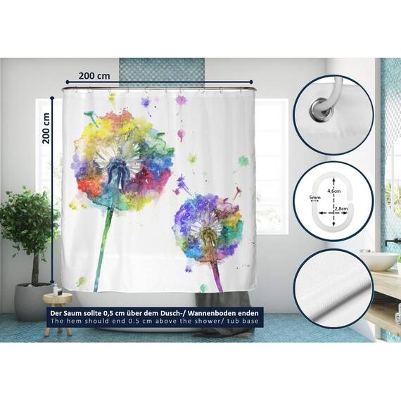 arteneur® - Bunte Pusteblume - Anti-Schimmel Duschvorhang 200 x 200 - Recycelt mit Öko-Tex Standard 100 - Beschwerter Saum, Blickdicht, Wasserdicht, Waschbar, 12 Ringe & E-Book