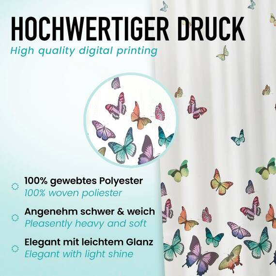 arteneur® - Schmetterlinge - Anti-Schimmel Duschvorhang 240x200 - Recycelt mit Öko-Tex Standard 100 - Beschwerter Saum, Blickdicht, Wasserdicht, Waschbar, 16 Ringe & E-Book