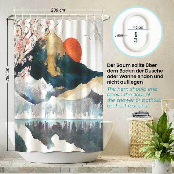arteneur® - Japan - Anti-Schimmel Duschvorhang 200 x 200 - Recycelt mit Öko-Tex Standard 100 - Beschwerter Saum, Blickdicht, Wasserdicht, Waschbar, 12 Ringe & E-Book
