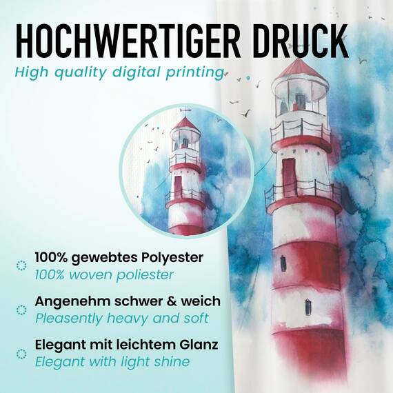 arteneur® - Leuchtturm - Anti-Schimmel Duschvorhang 200 x 200 - Recycelt mit Öko-Tex Standard 100 - Beschwerter Saum, Blickdicht, Wasserdicht, Waschbar, 12 Ringe & E-Book