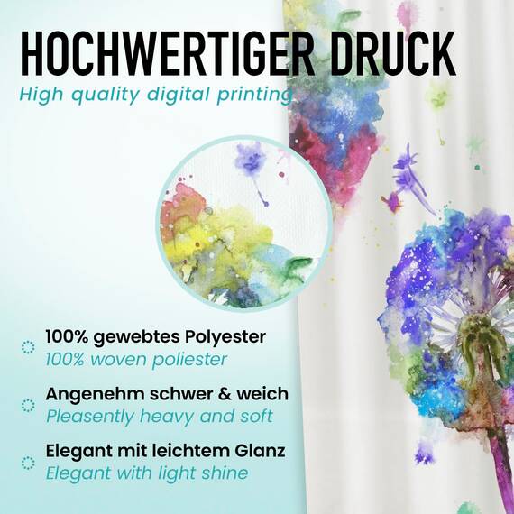 arteneur® - Bunte Pusteblume - Anti-Schimmel Duschvorhang 240x200 - Recycelt mit Öko-Tex Standard 100 - Beschwerter Saum, Blickdicht, Wasserdicht, Waschbar, 16 Ringe & E-Book mit Reinigungs-Tipps