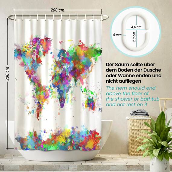 arteneur® - Weltkarte - Anti-Schimmel Duschvorhang 200 x 200 - Recycelt mit Öko-Tex Standard 100 - Beschwerter Saum, Blickdicht, Wasserdicht, Waschbar, 12 Ringe & E-Book
