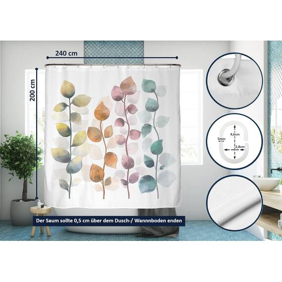 arteneur® - Bunte Blätter - Anti-Schimmel Duschvorhang 240x200 - Recycelt mit Öko-Tex Standard 100 - Beschwerter Saum, Blickdicht, Wasserdicht, Waschbar, 16 Ringe & E-Book