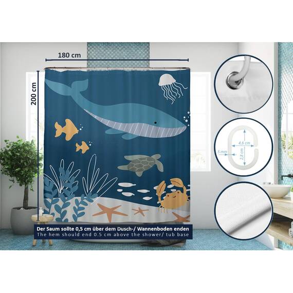 arteneur® - Wasserwelt Blau - Anti-Schimmel Duschvorhang 180x200 - Recycelt mit Öko-Tex Standard 100 - Beschwerter Saum, Blickdicht, Wasserdicht, Waschbar, 12 Ringe & E-Book mit Reinigungs-Tipps