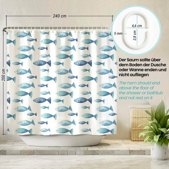 arteneur® - Blaue Fische - Anti-Schimmel Duschvorhang 240x200 - Recycelt mit Öko-Tex Standard 100 - Beschwerter Saum, Blickdicht, Wasserdicht, Waschbar, 16 Ringe