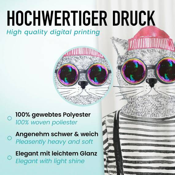 arteneur® - Hipster Katze Berlin - Anti-Schimmel Duschvorhang 240x200 - Recycelt mit Öko-Tex Standard 100 - Beschwerter Saum, Blickdicht, Wasserdicht, Waschbar, 16 Ringe & E-Book mit Reinigungs-Tipps