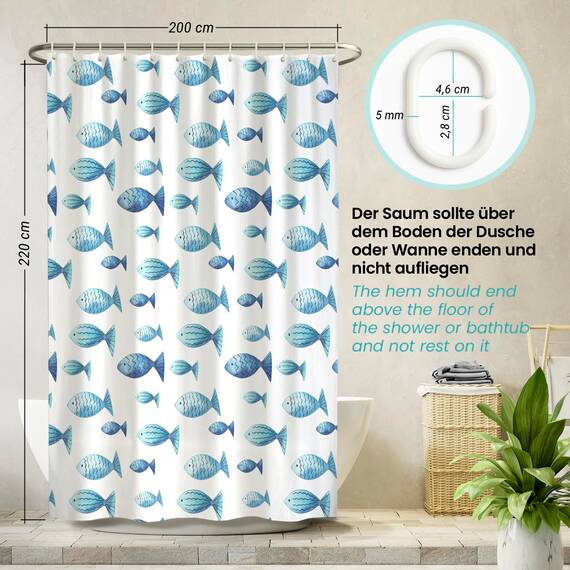 arteneur® - Blaue Fische - Anti-Schimmel Duschvorhang 200x220 - Recycelt mit Öko-Tex Standard 100 - Beschwerter Saum, Blickdicht, Wasserdicht, Waschbar, 12 Ringe