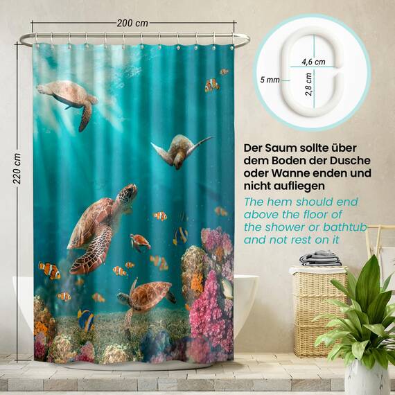 arteneur® - Meeres Schildkröten - Anti-Schimmel Duschvorhang 200x220 - Recycelt mit Öko-Tex Standard 100 - Beschwerter Saum, Blickdicht, Wasserdicht, Waschbar, 12 Ringe & E-Book
