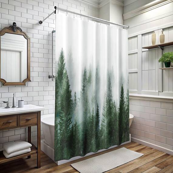ORTIGIA Duschvorhang für Badezimmer, Naturwald, Duschvorhang-Set mit Haken, dekorativer Kiefernbaum, Nebel, magischer Badvorhang, wasserdichter Stoff, gewichtet, 183 x 198 cm, Grün