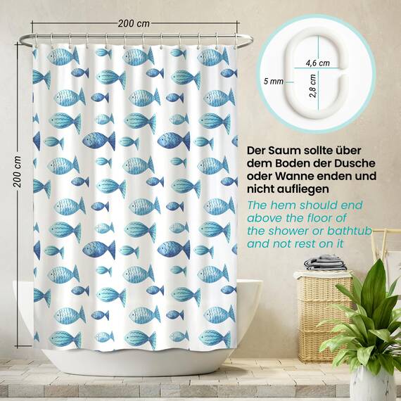 arteneur® - Blaue Fische - Anti-Schimmel Duschvorhang 200x200 - Recycelt mit Öko-Tex Standard 100 - Beschwerter Saum, Blickdicht, Wasserdicht, Waschbar, 12 Ringe