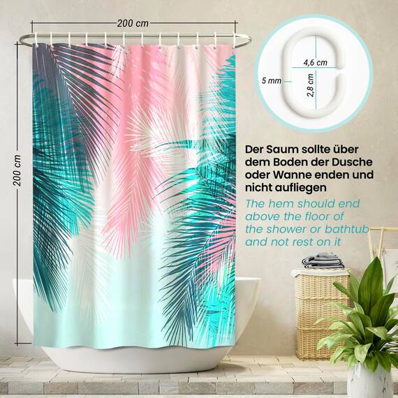 arteneur® - Palmenblätter - Anti-Schimmel Duschvorhang 200 x 200 - Recycelt mit Öko-Tex Standard 100 - Beschwerter Saum, Blickdicht, Wasserdicht, Waschbar, 12 Ringe & E-Book