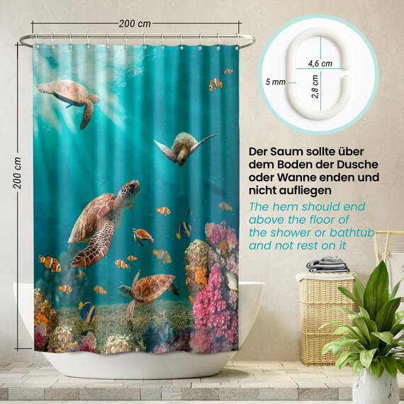 arteneur® - Meeres Schildkröten - Anti-Schimmel Duschvorhang 200x200 - Recycelt mit Öko-Tex Standard 100 - Beschwerter Saum, Blickdicht, Wasserdicht, Waschbar, 12 Ringe & E-Book