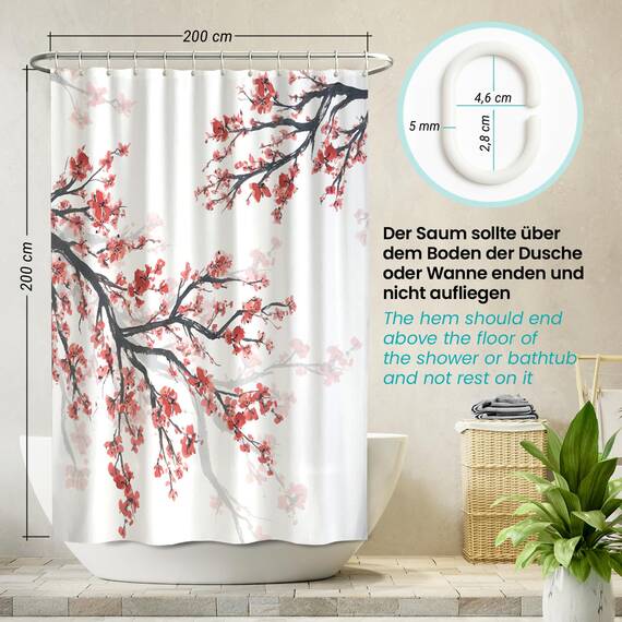 arteneur® - Kirschblüte - Anti-Schimmel Duschvorhang 200x200 - Recycelt mit Öko-Tex Standard 100 - Beschwerter Saum, Blickdicht, Wasserdicht, Waschbar, 12 Ringe