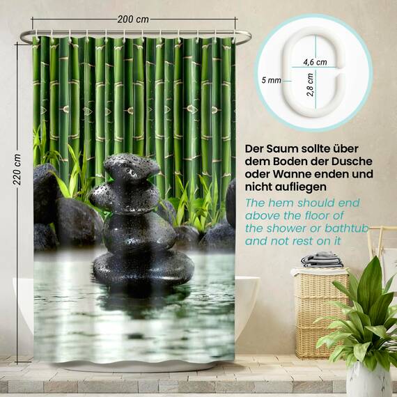 arteneur® - Bambus Spa - Anti-Schimmel Duschvorhang 200x220 - Recycelt mit Öko-Tex Standard 100 - Beschwerter Saum, Blickdicht, Wasserdicht, Waschbar, 12 Ringe & E-Book