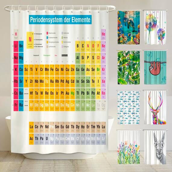 arteneur® - Periodensystem Deutsch - Anti-Schimmel Duschvorhang 200x220 - Recycelt mit Öko-Tex Standard 100 - Beschwerter Saum, Blickdicht, Wasserdicht, Waschbar, 12 Ringe & E-Book