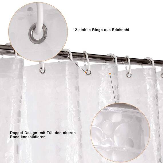 WELTRXE Duschvorhang Anti-Schimmel mit Gewicht Magnet unten, 0.2mm [183x183cm] Wasserdicht Antibakteriell EVA Vorhang für Dusche und Badewanne, 3D Steinmuster, inkl. 12 super Duschvorhangringen Kinder