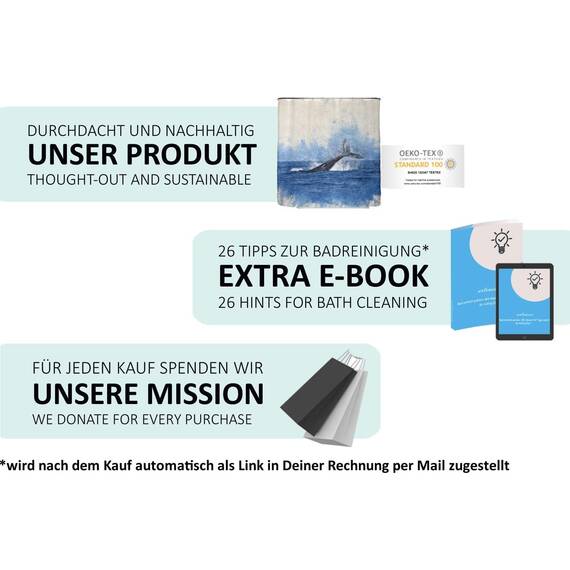 arteneur® - Wal Fisch - Anti-Schimmel Duschvorhang 200x220 - Recycelt mit Öko-Tex Standard 100 - Beschwerter Saum, Blickdicht, Wasserdicht, Waschbar, 12 Ringe & E-Book