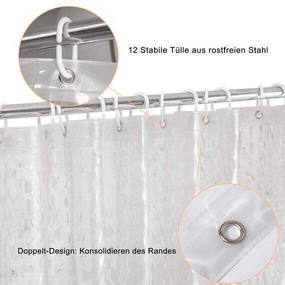 WELTRXE Duschvorhang Anti-Schimmel mit Gewicht Magnet unten, Transparent 3D Kubisch EVA Wasserdicht Antibakteriell Vorhang für Dusche und Badewanne, 0.15mm [180x180cm] mit 12 Duschvorhangringen Kinder
