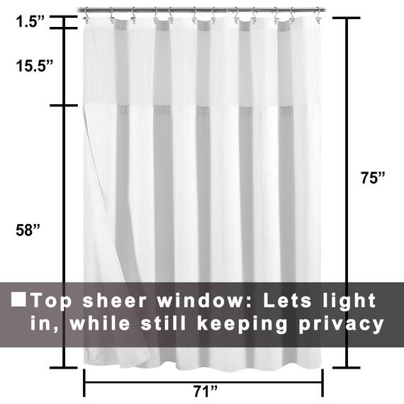 Barossa Design Duschvorhang aus Baumwolle im Hotelstil mit Stofffutter, 190,5 cm lang, Netz-Fensteroberseite, Wabenmuster, Waffelgewebe, Baumwollmischgewebe, waschbar, Weiß, 180,5 x 190,5 cm