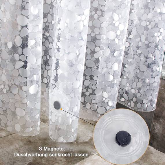 WELTRXE Duschvorhang Anti-Schimmel mit Gewicht Magnet unten, 0.2mm [183x183cm] Wasserdicht Antibakteriell EVA Vorhang für Dusche und Badewanne, 3D Steinmuster, inkl. 12 super Duschvorhangringen Kinder