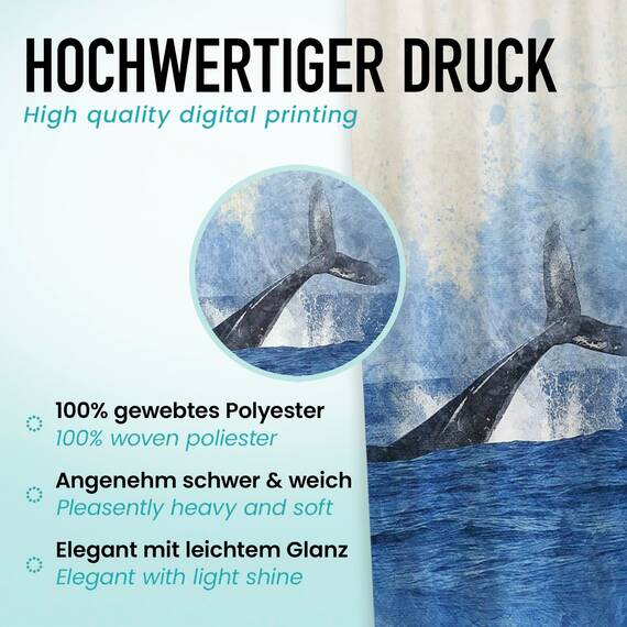 arteneur® - Wal Fisch - Anti-Schimmel Duschvorhang 200x220 - Recycelt mit Öko-Tex Standard 100 - Beschwerter Saum, Blickdicht, Wasserdicht, Waschbar, 12 Ringe & E-Book